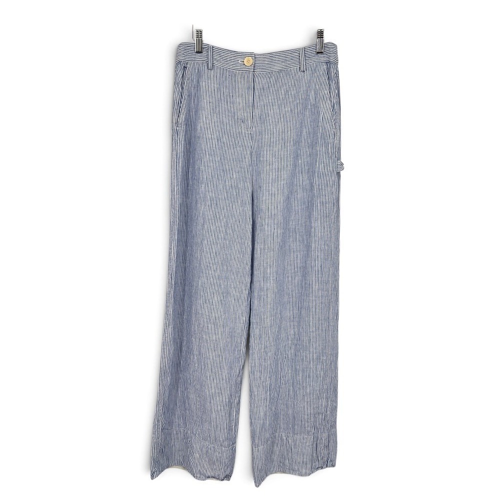 Theory Linen Blue White Straight Leg Pants Women's 6 Coastal Resortwear